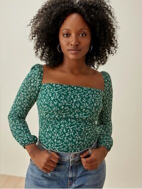 Reformation Olio Floral Square-Neck Long Sleeve Top